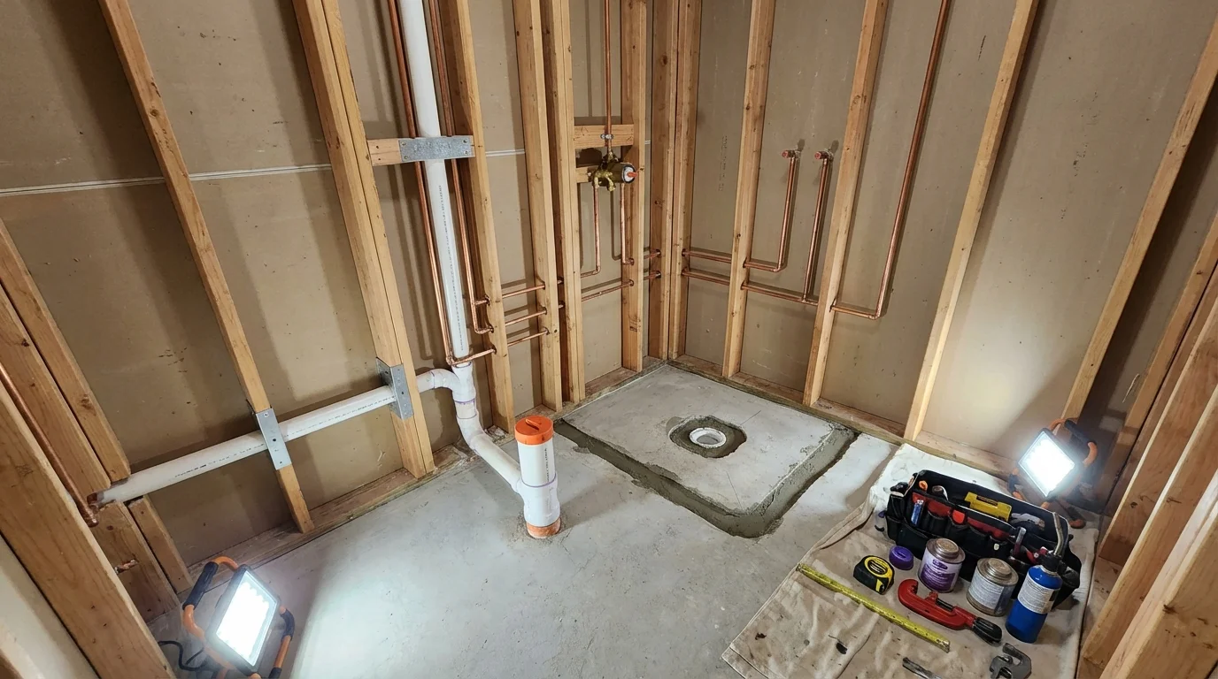 Bathroom rough-in plumbing during remodel by Johns Plumbing LLC in Lindsay