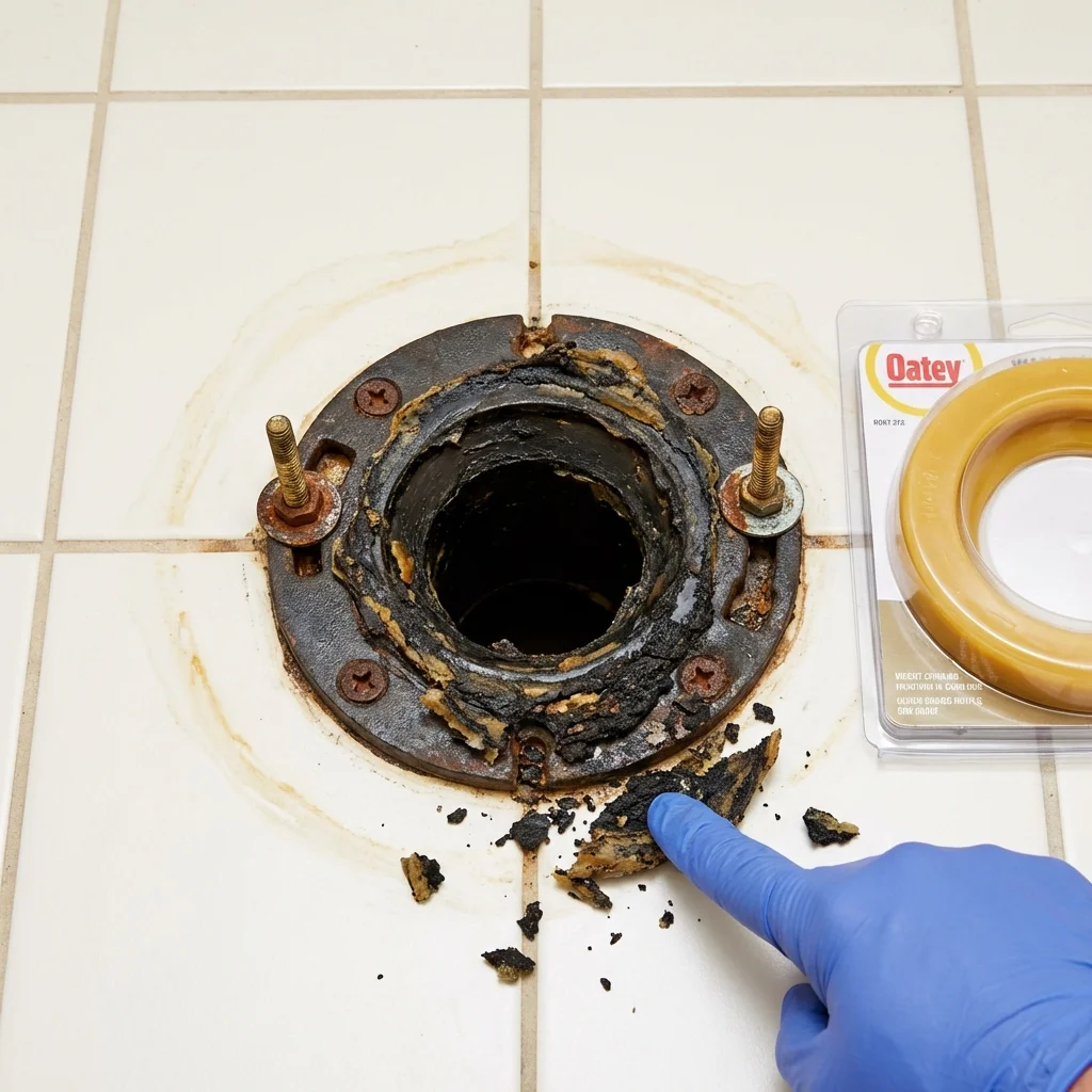 Failed wax ring showing water seepage at the base of a toilet in a Lindsay, CA home