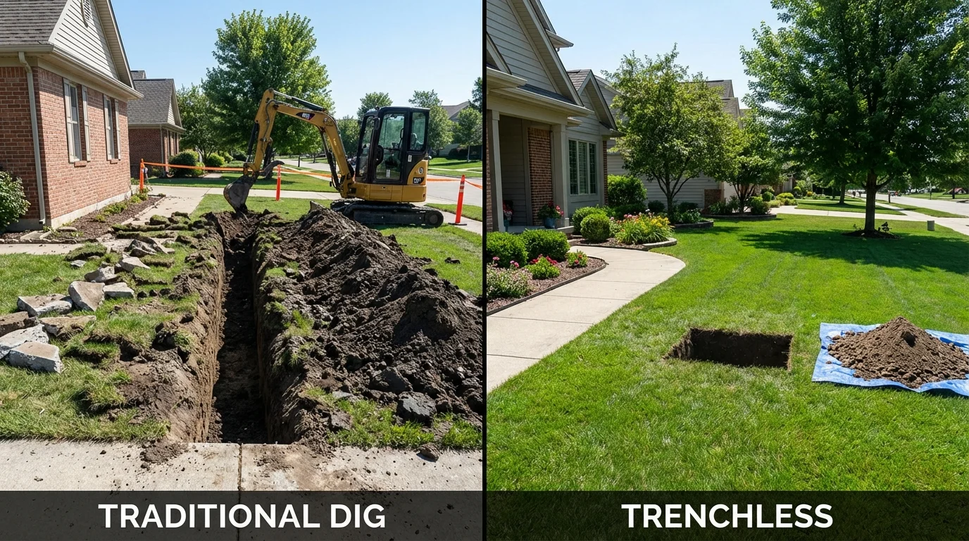 Trenchless sewer repair with minimal yard damage versus traditional excavation in Lindsay, CA