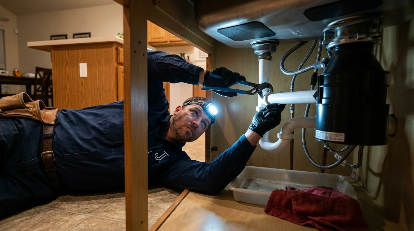 P-trap and supply line connections under a kitchen sink showing a common leak point in Lindsay, CA